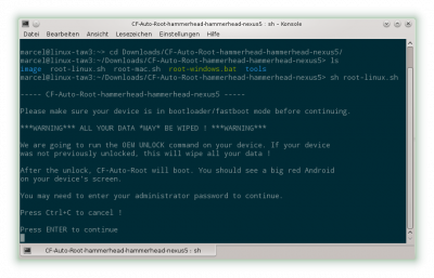 Das Autoroot-Script weist dich darauf hin, dass je nach Bootloader sämtliche Daten gelöscht werden.