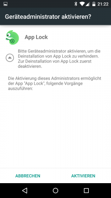 Auf Wunsch arbeitet die App auch als Geräteadmin, um eine Deinstallation zu verhindern.