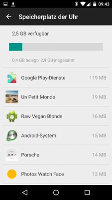 Wie viel Speicherplatz belegt ein Watchface? Die Übersicht der Android-Wear-App zeigt es dir.
