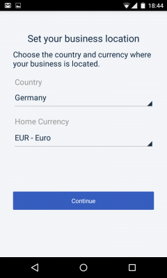 Zuerst gibst du an, in welchem Land sich dein Unternehmen befindet sowie die Währung.
