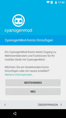 Auch das Setup eines CyanogenMod-Kontos ist nun innerhalb des Setup-Wizzards möglich.