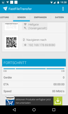 Der Fortschritt der gesendeten Daten wird angezeigt. Mit einem Klick auf den Empfangen Tab wird angezeigt welche Daten schon empfangen wurden.  