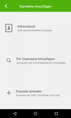 Kontakte werden über das Adressbuch oder per Usernamen hinzugefügt.