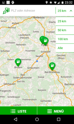 Du grenzt die Suche ein, indem du den Kilometerradius änderst.
