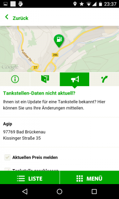 Sollte die App nicht die aktuellsten Angaben zur Tankstelle haben, hast du die Möglichkeit, diese zu aktualisieren.
