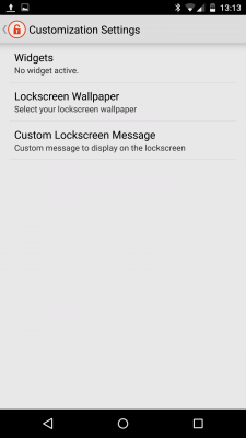 Der Menüpunkt Lockscreen Customizing. Lockscreen-Wallpaper und Nachrichten werden hier festgelegt.