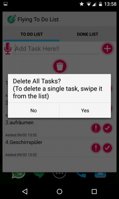 Durch einen Klick auf den Mülleimer löscht du alle anstehenden Aufgaben, per Swype-Geste werden einzelne Aufgaben gelöscht. 