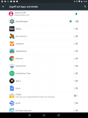 Aus der Liste der vorinstallierten Apps wählst du all diejenigen aus, die du für das eingeschränkte Profil freigeben möchtest.