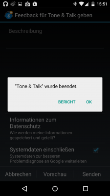 Unter Android 5.0 verabschiedet sich die App reproduzierbar.