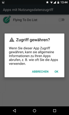 Ein kurzer Warnhinweis weißt darauf hin, dass die App Informationen über andere Apps abrufen kann.