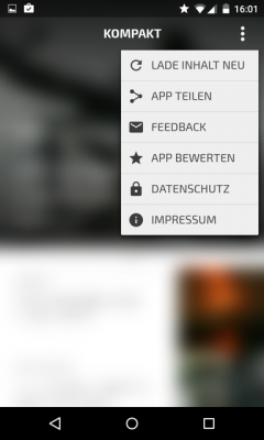 Über das Menü lädst du neue Inhalte und teilst die App.