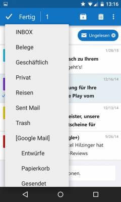 Nach erfolgter Anmeldung befindest du dich in der Inbox. Im Menü der App rufst du alle anderen Ordner auf.
