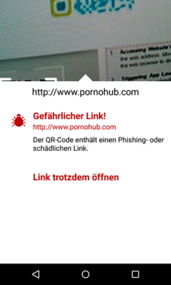 Eine gut sichtbare Warnung erfolgt vor dem Öffnen eines Phishing-Links.