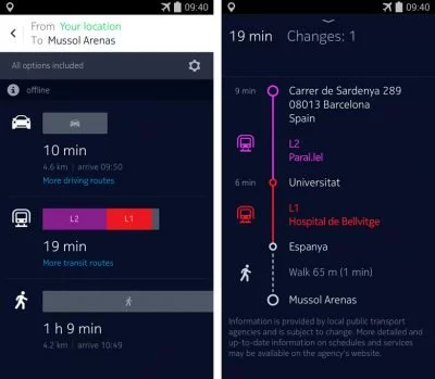 Bei der Suche nach einem Ziel zeigt HERE nun automatisch alle drei möglichen "Verkehrsmittel" an. Bild: Nokia