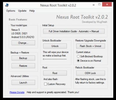 Die Alternative "Nexus Root Toolkit" von WugFresh kommt mit einem grafischen Interface daher.