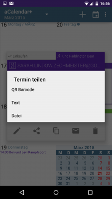 Termine können als Text oder Datei geteilt werden, oder du erstellst einen Barcode, den andere Geräte mit Barcode-Scanner auslesen können.