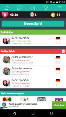 Auf der Startseite findest du deine gewonnenen Spiele. Spiele, welche nicht angetreten werden, löscht die App nach zwei Tagen. 