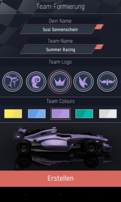Du vergibst einen Team-Namen, wählst Logos aus und lackierst dein Auto.