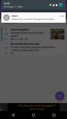 Über das Benachrichtigungs-Icon gelangst du direkt zum aktuellen Datum, um einen Eintrag zu machen. 