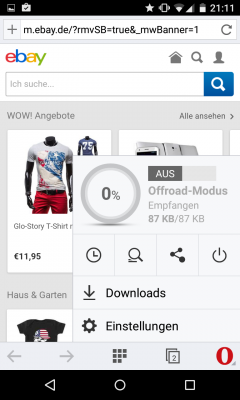 Mit einem Klick auf das Opera-Logo gelangst du zum Offroad-Modus und zu den Einstellungen. Außerdem teilst du hier deine Web-Inhalten. 