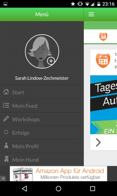 Im Menü findest du die Profile von dir und deinem Hund sowie deine Workshops und Erfolge des Hundes. 