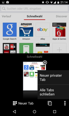 Am unteren Bildschirmrand findest du die Anzahl deiner aktiven Tabs. Über die drei Punkte öffnest du den Privat/Inkognito-Modus.