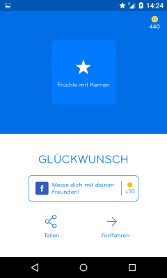 Wenn du alle richtigen Antworten hast, erhältst du einmal pro Tag 10 Gratis-Münzen. Du kannst deine Ergebnisse auf Facebook teilen oder dich mit deinen Freunden messen. 