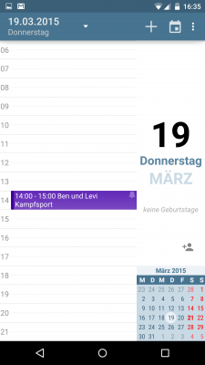 In der Tagesansicht siehst du deine eingetragenen Termin. Neue Termine fügst du mit einem Doppelklick hinzu. Ebenfalls trägst du Geburtstage über den Personen-Button ein.