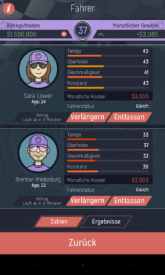 Deine Fahrer sind mit Leistung und monatlichen Kosten aufgeführt. 