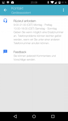 Außerhalb der Live-Support-Zeiten kann man um einen Rückruf bitten.