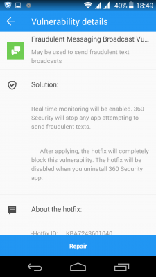 Die von mir installierte App 360 Security behauptet, das Problem beheben zu können. In Wirklichkeit ist das Leck aber immer noch da.