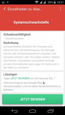 Clean Master findet bereits beim ersten Scan eine bedrohliche System-Lücke!