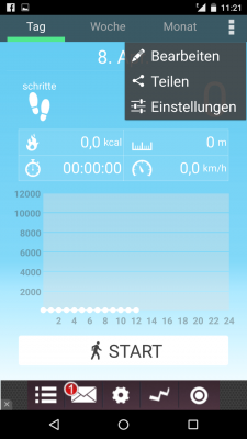 Auf der Startseite findest du deine Schritte für den aktuellen Tag. Über die Tabs änderst du die Ansicht auf Woche oder Monat.