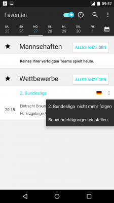Auf der Startseite wird nun immer angezeigt ob eines deiner Teams ein Spiel hat. Mit einem Klick auf die drei Punkte änderst du die Favoriten-Liste.