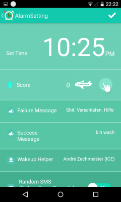 Du wählst die Weckzeit, einen Text für deine SMS und eine Aufwachhelfer aus.