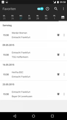 Mit einem Klick auf das Kalenderblatt werden alle demnächst stattfindenden Spiele angezeigt.