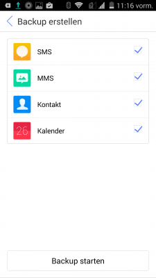Die Backup-App sichert SMS, MMS, Kontakte und den Kalender auf dem internen Speicher im "backup" Ordner.