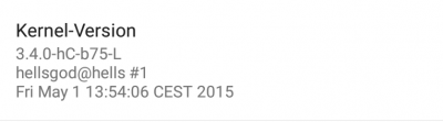 Hier als Beispiel der hellscore-Kernel der Version b75, welcher auf dem Linux Kernel 3.4.0 basiert. Kompiliert wurde er am 1. Mai 2015 von „hellsgod“.