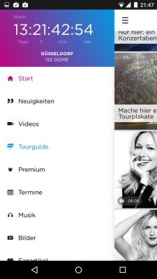 Das Menü zeigt dir die verschiedenen Kategorien der App sowie einen Countdown bis zum nächsten Konzert.