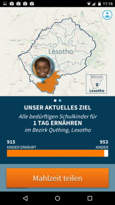 Auf der Startseite siehst du das aktuelle Ziel von Share the Meal sowie die schon mit Nahrung versorgte Anzahl der Kinder.