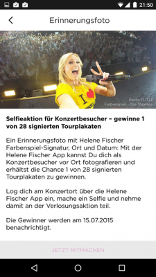 Die App bietet verschiedene Mitmachaktionen, wie zum Beispiel das Selfie-Tourplakat-Gewinnspiel.