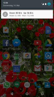 Bei aktivierter App wird in der Benachrichtigungsleiste der Datenverbrauch angezeigt.  