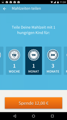 Der Button Mahlzeit teilen zeigt dir an, wieviel eine Mahlzeit pro Tag, pro Woche, für einen Monat, drei Monate, sechs Monate, oder ein Jahr kostet.
