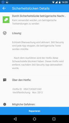 Mit einem Klick auf die gefundene Sicherheitslücke erhältst du detaillierte Informationen dazu.