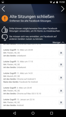 Alte Facebook-Sitzungen schließt du über die App um einen Missbrach zu vermeiden.