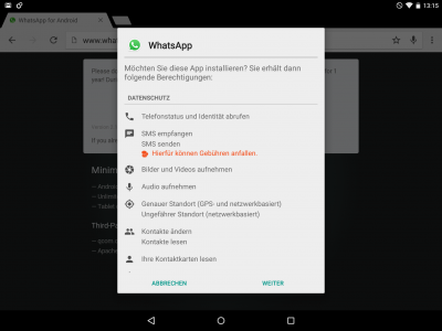 Ohne Play Store: WhatsApp kannst du direkt von der Homepage aus auf dein Tablet holen.