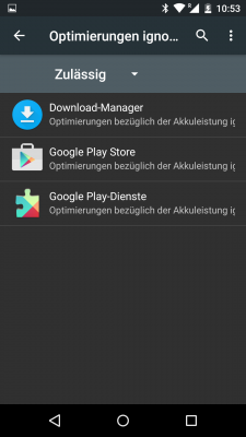 In der Grundeinstellung schickt Android M alle Apps, außer den hier gelisteten Ausnahmen, in einen Tiefschlaf.