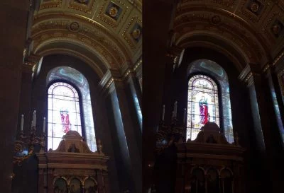 Ein typisches Kirchenfenster zu fotografieren, ist keine leichte Aufgabe. Sie lässt sich eigentlich nur mit einem HDR-Modus halbwegs gut lösen.