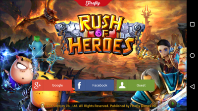 Du startest Rush of Heroes mit deinem Google+-, deinem Facebook-Account oder als Gast.