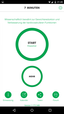Auf der Startseite beginnst du dein Training oder informierst dich über das 7-Minuten-Training.